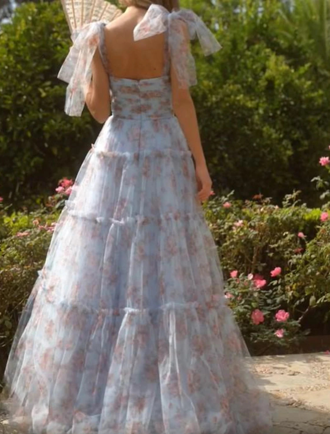 A-Line Prom Dresses Blue Princess Dress Prom Court Train Sleeveless Chiffon with Floral Ruffles Print