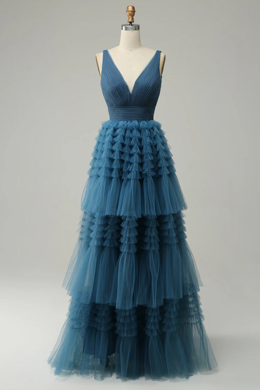 A Line V-Neck Blue Long Prom Dress Tulle With Open Back