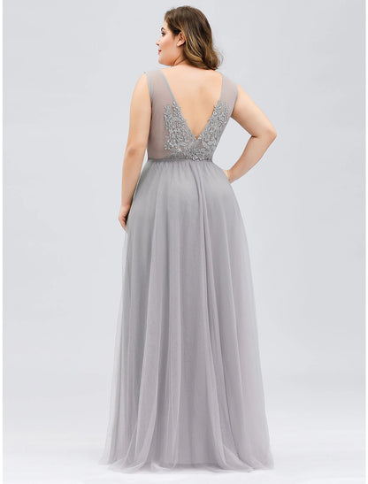 A-Line Prom Dresses Plus Size Dress Prom Floor Length Sleeveless V Neck Tulle V Back with Beading Appliques