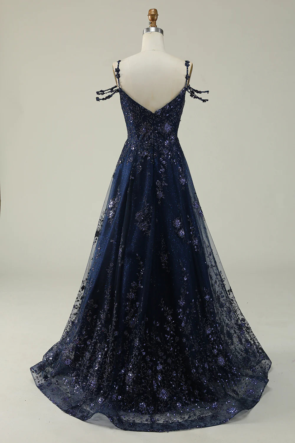 Navy A Line Cold Shoulder With Lace Long Prom Dress