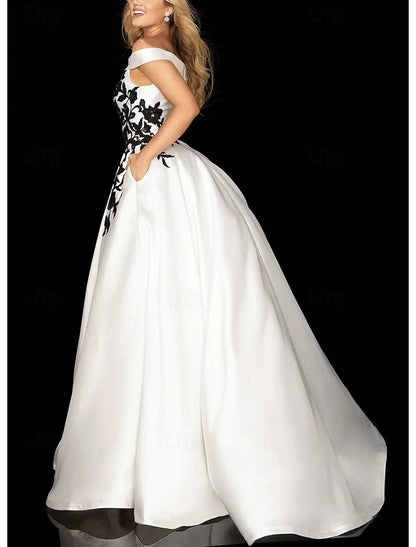 A-Line Prom Dresses Elegant Dress Formal Prom Floor Length Sleeveless Off Shoulder Pocket Satin with Appliques Pocket