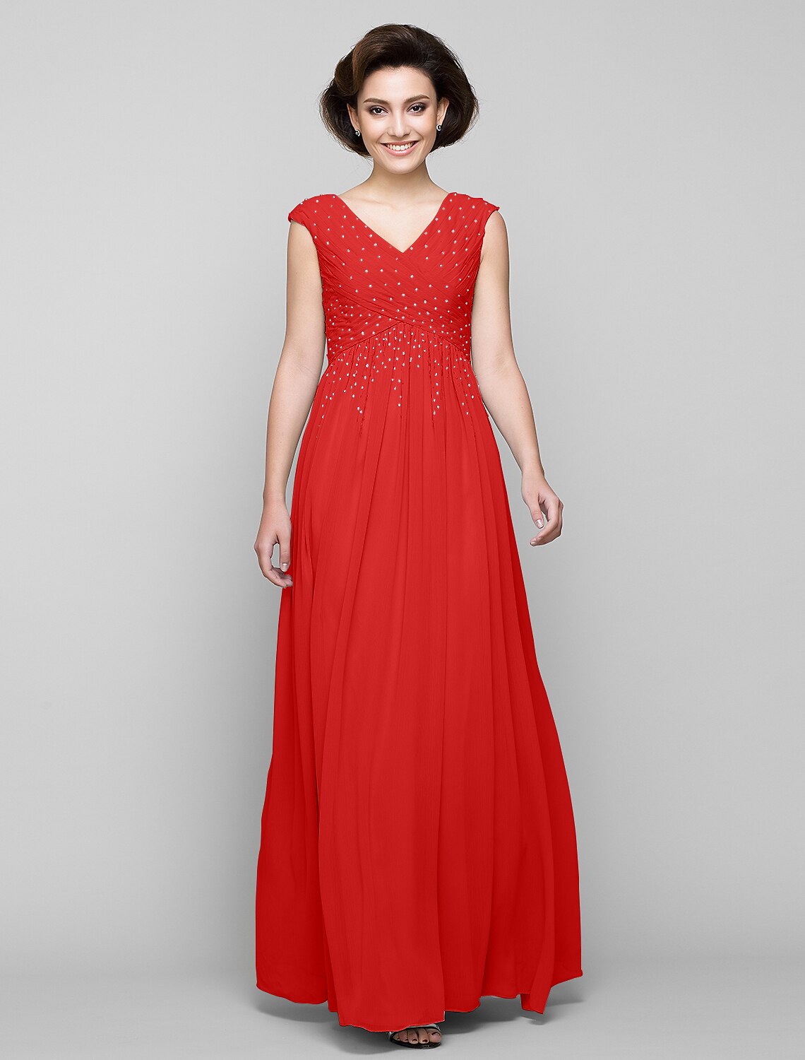 A-Line Mother of the Bride Dress Elegant V Neck Floor Length Chiffon Sleeveless with Criss Cross Beading