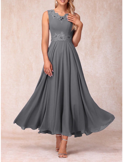 A-Line Mother of the Bride Dress Wedding Guest Elegant V Neck Ankle Length Chiffon 3/4 Length Sleeve with Lace Ruching Solid Color