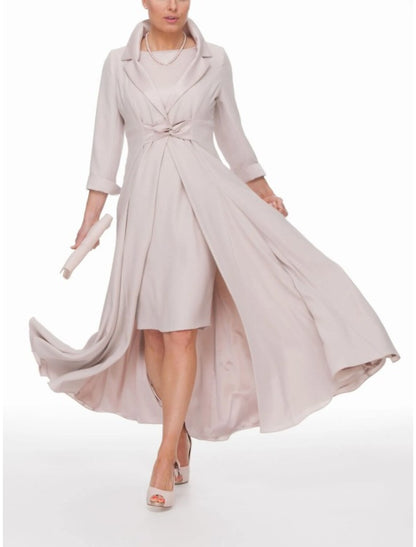 Two Piece Sheath / Column Mother of the Bride Dress Wedding Guest Party Elegant Winter With Jacket 3/4 Sleeve Shirt Collar Ankle Length Chiffon Pleats Solid Color
