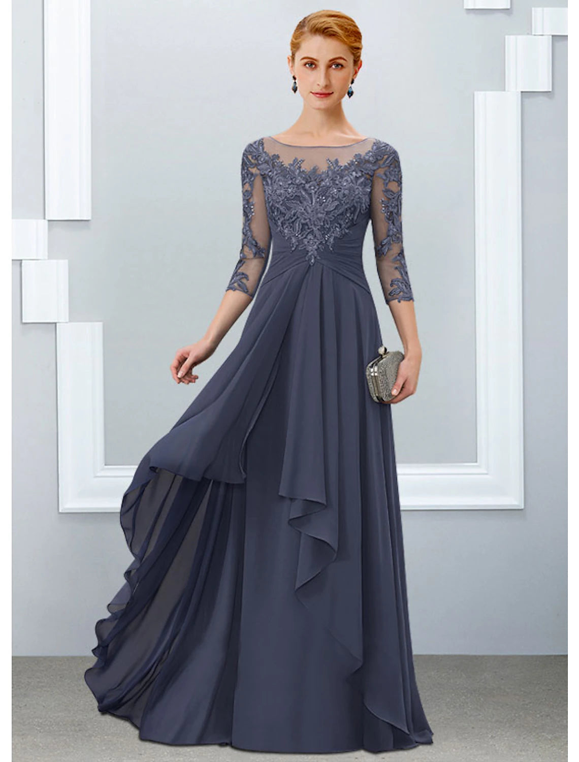 A-Line Mother of the Bride Dress Elegant Jewel Neck Floor Length Chiff ...