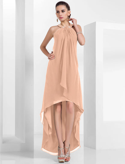 A-Line Elegant Dress Wedding Guest Cocktail Party Asymmetrical Sleeveless Halter Neck Chiffon Backless with Pleats Beading