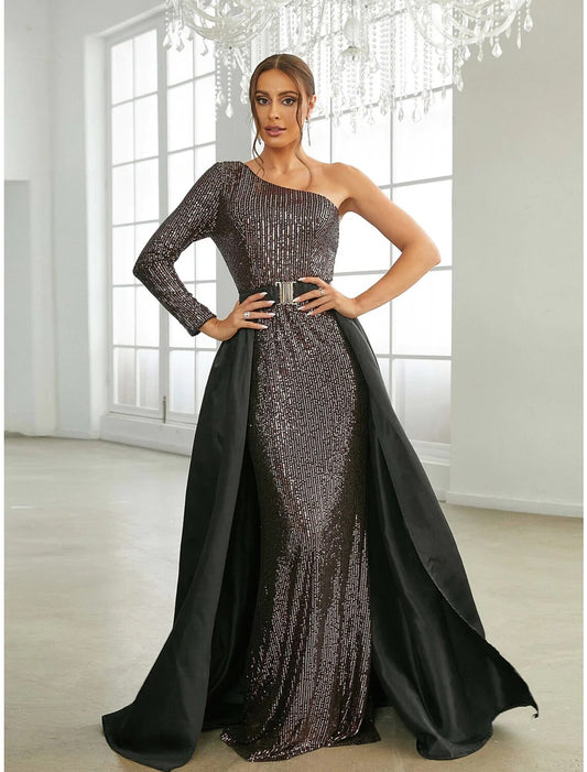 A-Line Evening Gown Elegant Dress Formal Sweep / Brush Train Long Sleeve One Shoulder Sequined with Glitter Pleats