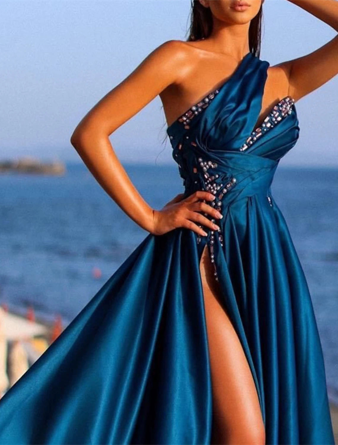 A-Line Evening Gown Sexy Dress Formal Wedding Guest Court Train Sleeveless One Shoulder Charmeuse with Rhinestone Slit