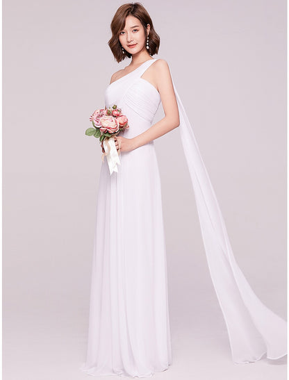 A-Line Evening Gown Empire Dress Formal Evening Floor Length Sleeveless One Shoulder Bridesmaid Dress Chiffon Backless with Pleats Draping