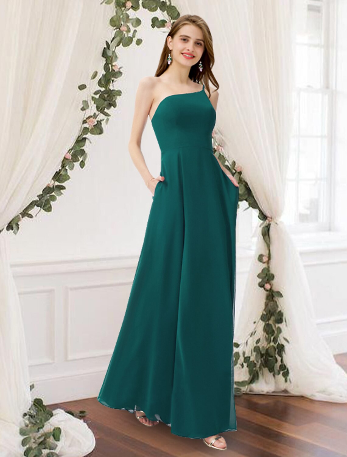 A-Line Bridesmaid Dress One Shoulder Sleeveless Elegant Floor Length C
