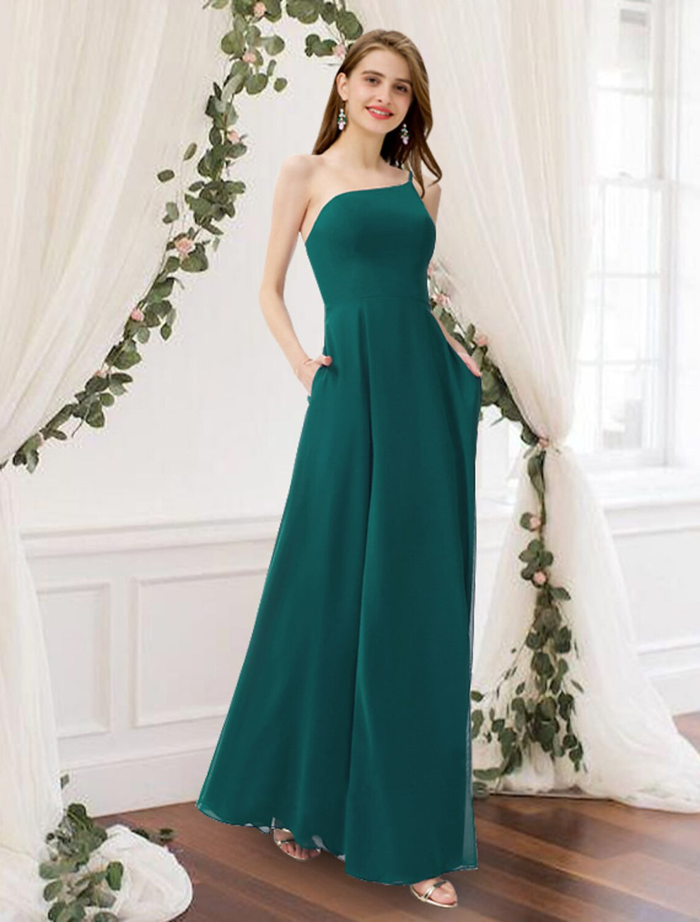Modest A-line Satin Sleeveless Floor Length Simple Bridesmaid Dresses Prom Gowns UQ2512 main image 1