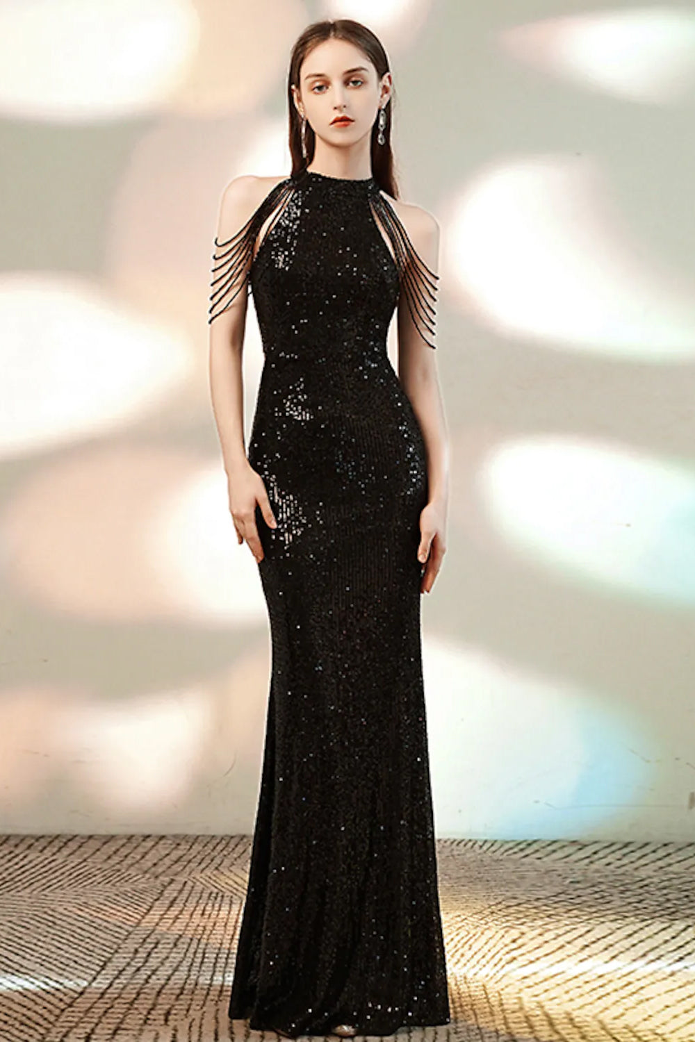 Evening Gown Sparkle Dress Party Wear Floor Length Sleeveless Halter Sequined with Beading Sequin