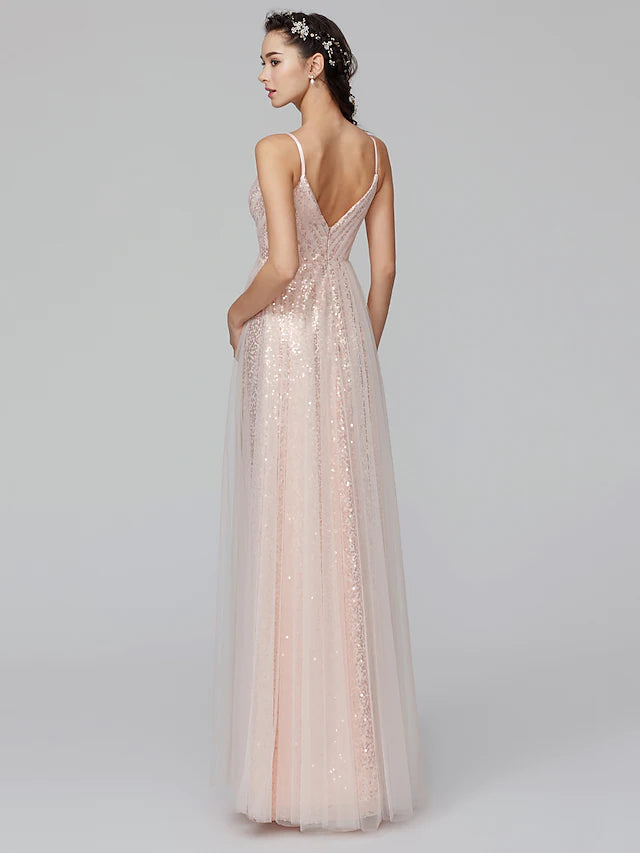 A-Line Bridesmaid Dress Spaghetti Strap Sleeveless Floor Length Tulle  Sequined with Pleats  Sequin