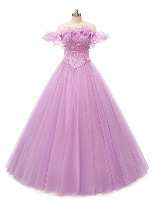 Prom Dresses Puffy Dress Quinceanera Floor Length Sleeveless Off Shoulder Tulle with Pearls Sequin