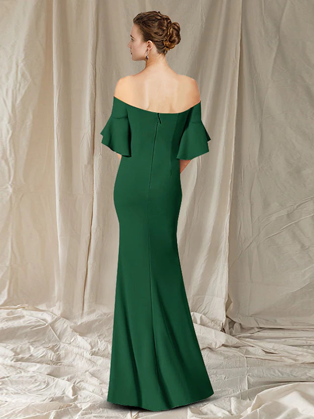 Mother of the Bride Dress Elegant Off Shoulder Floor Length Chiffon Half Sleeve with Pleats Ruched