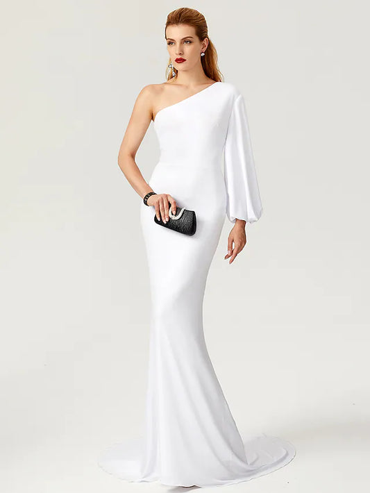 Celebrity Style Dress Engagement Court  Long Sleeve One Shoulder Jersey with Pleats