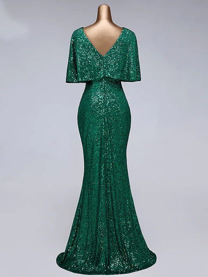 Prom Dresses Sparkle Dress Wedding Guest Floor Length Half Sleeve Illusion Neck Sequined with Sequin Ruffles