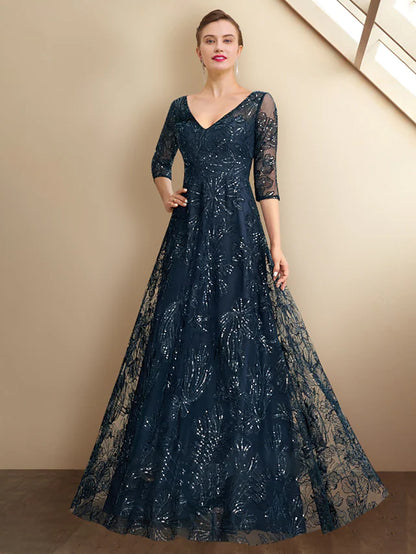 Mother of the Bride Dress Elegant Sparkle & Shine V Neck Floor Length Chiffon Lace Sequined  Length Sleeve with Sequin Appliques