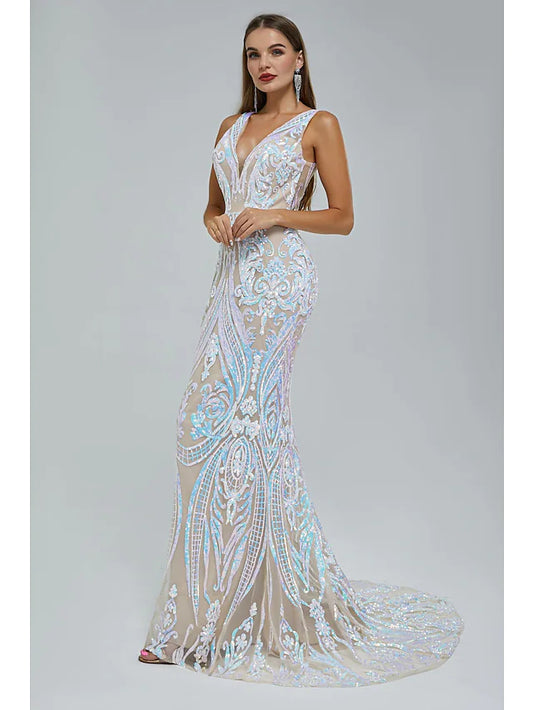 Evening Gown Elegant Dress Engagement Court Train Sleeveless V Neck Sequined with Sequin