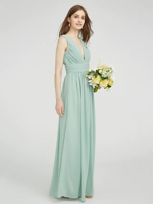 Bridesmaid Dress V Neck Sleeveless Elegant Floor Length Chiffon with Ruched  Side Draping