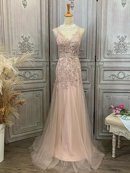 Prom Dresses Maxi Dress Party Wear  Sleeveless V Neck Tulle with Appliques
