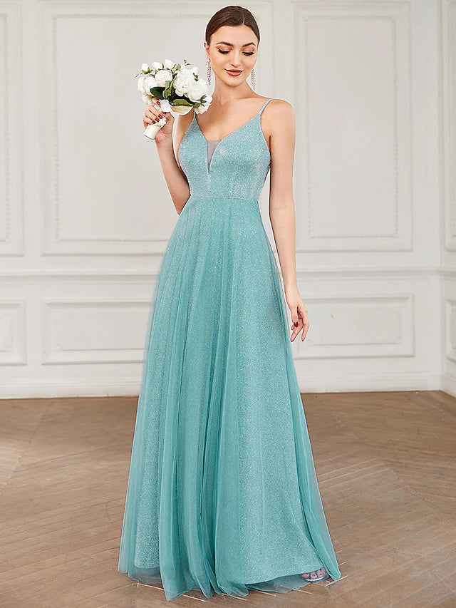 Prom Dresses Elegant Dress Wedding Guest Floor Length Sleeveless V Neck Tulle with Draping