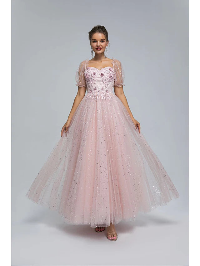 Prom Dresses Princess Dress Quinceanera Tea Length Short Sleeve Off Shoulder Tulle with Sequin Appliques