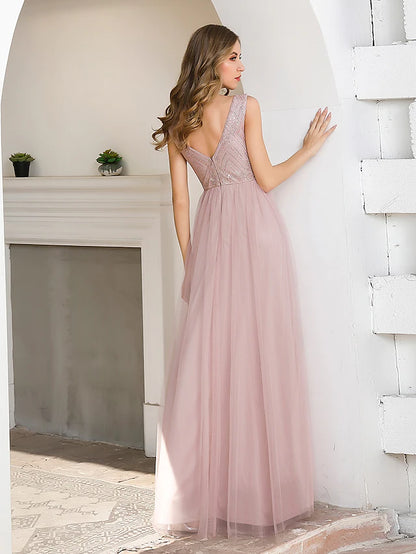 A-Line Evening Gown Elegant Dress Wedding Guest Floor Length Sleeveless V Neck Satin V Back with Sash  Ribbon Sequin