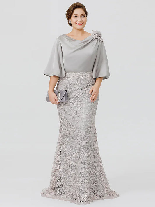 Mother of the Bride Dress Plus Size Sexy Cowl Neck Sweep  Brush Train Satin Chiffon Lace Over Satin Half Sleeve No with Applique