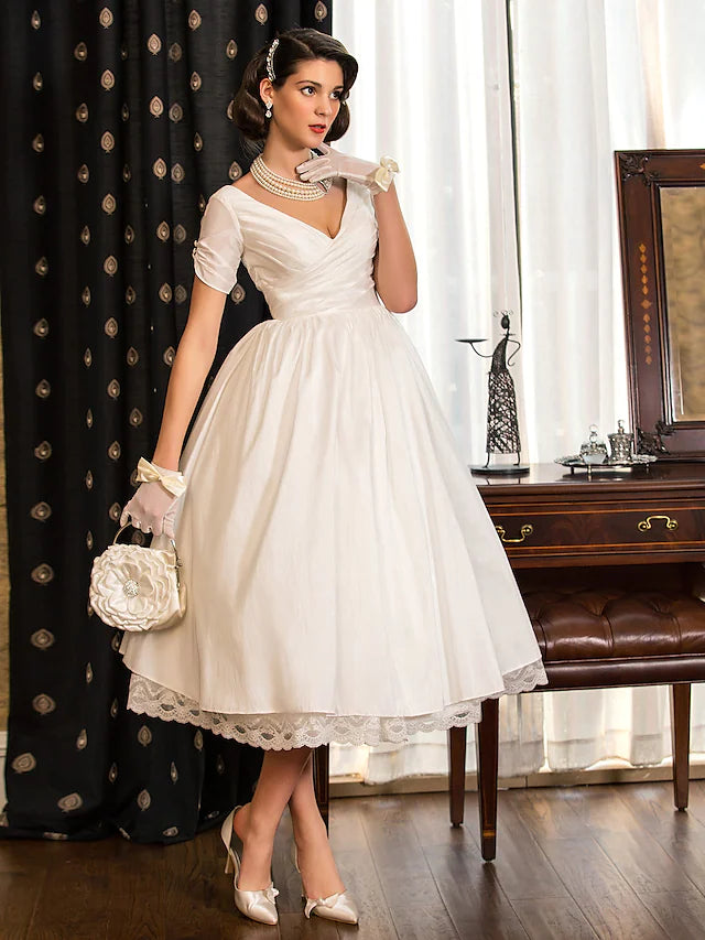 Bridal Vintage Little White Dresses Wedding Dresses Tea Length A-Line Short Sleeve V Neck Lace With Lace Criss Cross