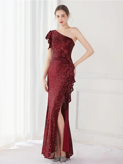 Elegant Sexy Wedding Guest Formal Evening Dress One Shoulder V Back Sleeveless Floor Length Sequined with Sequin Slit