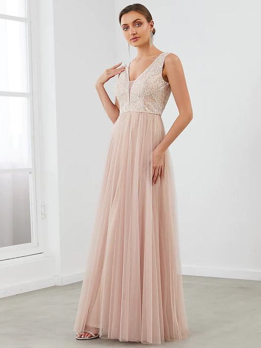 Evening Gown Elegant Dress Wedding Guest Floor Length Sleeveless V Neck Tulle V Back with Sequin Draping