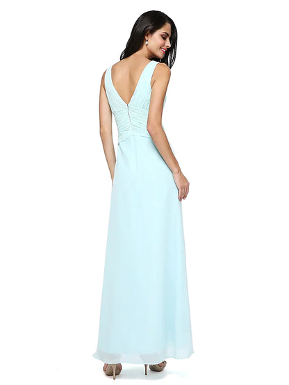 Bridesmaid Dress V Neck Sleeveless Elegant Floor Length Chiffon with Criss Cross   Side Draping