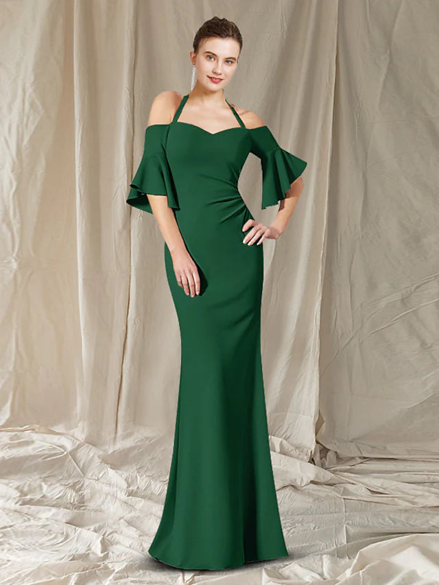 Mother of the Bride Dress Elegant Off Shoulder Floor Length Chiffon Half Sleeve with Pleats Ruched