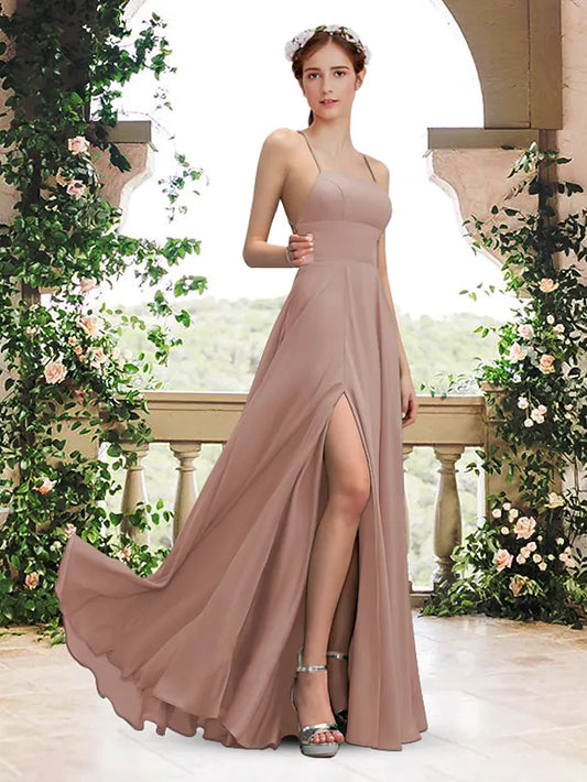 A-Line Bridesmaid Dress Square Neck  Spaghetti Strap Sleeveless Elegant Floor Length Chiffon with Pleats  Split Front