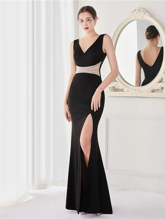 Evening Gown Elegant Dress Wedding Guest Floor Length Sleeveless V Neck Stretch Satin V Back with Crystals Slit