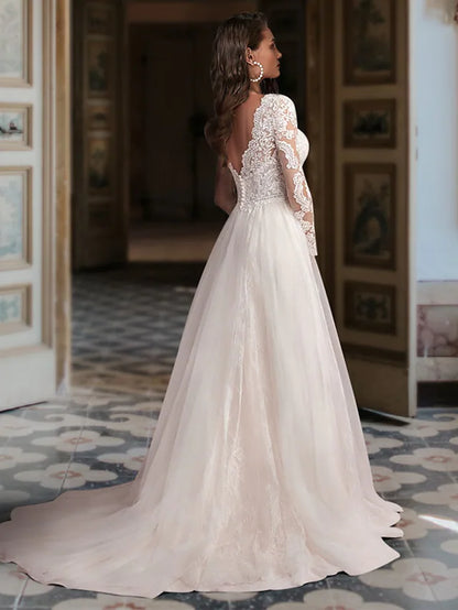 Engagement Formal Wedding Dresses Court A-Line Long Sleeve V Neck Lace With Appliques