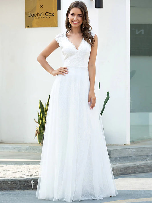 Beach Wedding Dresses Floor Length A-Line Short Sleeve V Neck Lace With Lace