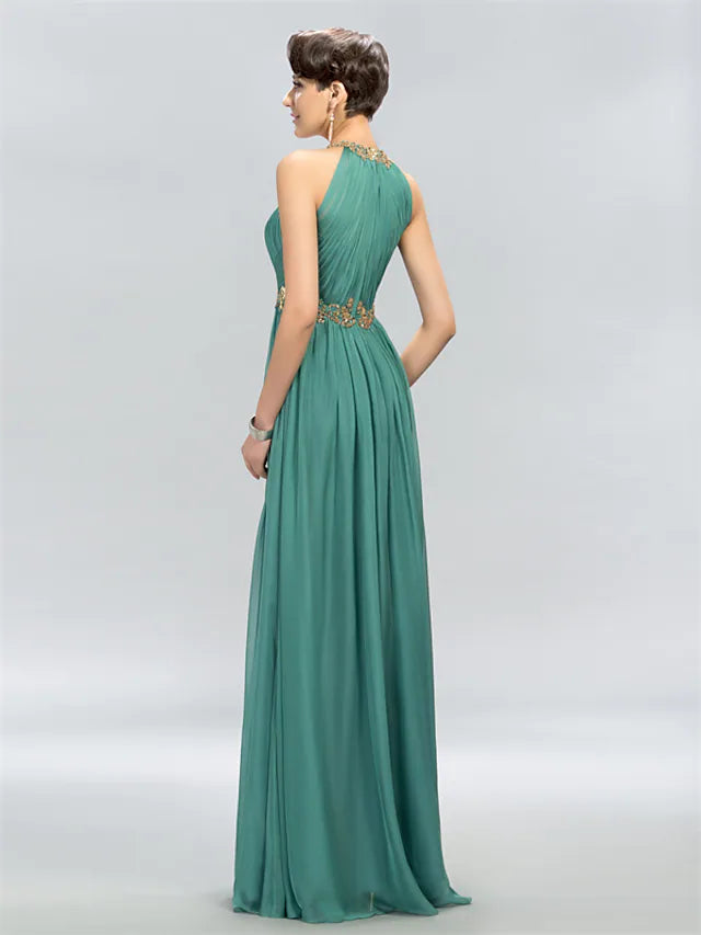 Wedding Guest Dresses Maxi Dress Party Wear Floor Length Sleeveless Halter Chiffon with Ruched Appliques