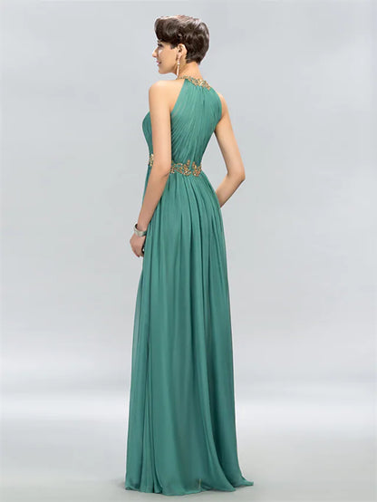 A-Line Wedding Guest Dresses Maxi Dress Party Wear Floor Length Sleeveless Halter Chiffon with Ruched Appliques