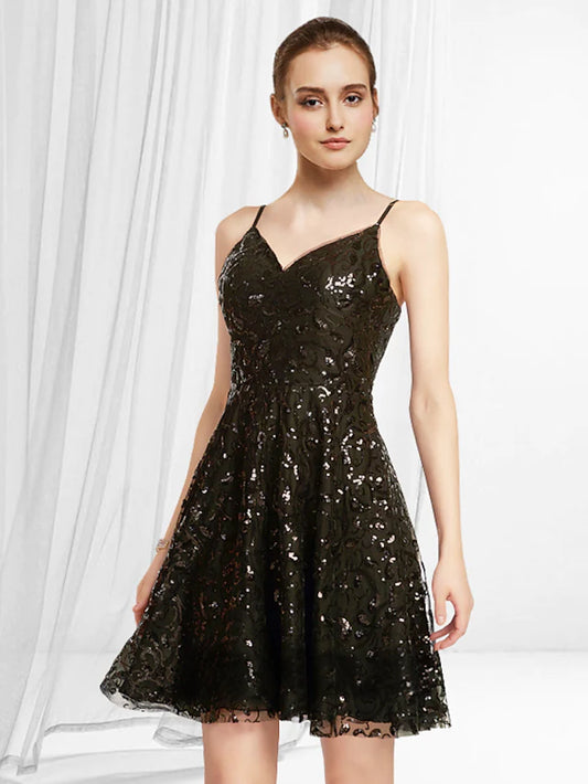 A-Line Cocktail Dresses Glittering Dress Homecoming Short  Mini Sleeveless V Neck Lace with Pleats Sequin