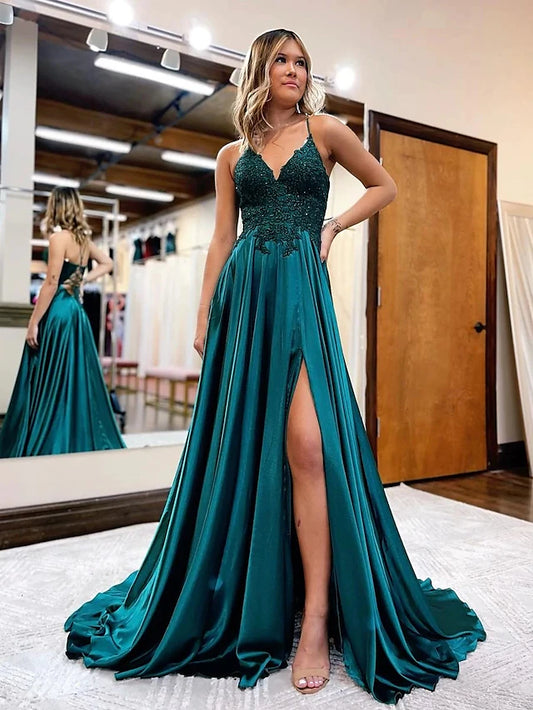 Prom Dresses Empire Dress Formal Court Train Sleeveless V Neck Satin Backless with Beading Appliques