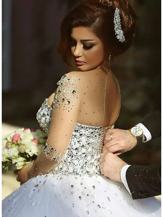 Wedding Dresses Court Train Ball Gown Long Sleeve Jewel Neck Satin With Crystals Beading