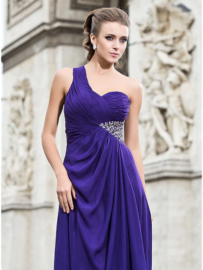 Dress Formal Evening Floor Length Sleeveless One Shoulder Chiffon with Beading Split Front