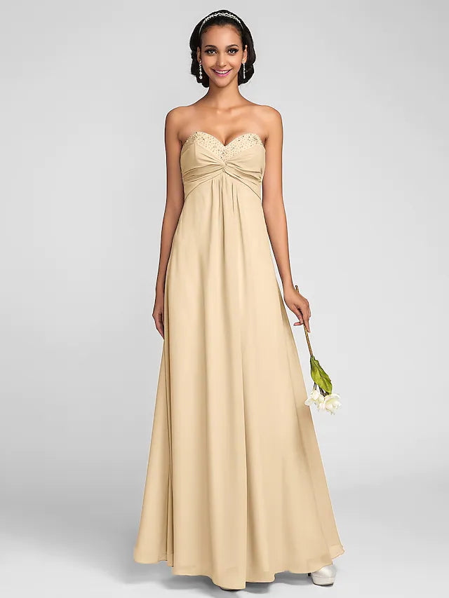 Bridesmaid Dress  Neckline Sleeveless Open Back Floor Length Chiffon with Criss Cross   Ruched   Beading