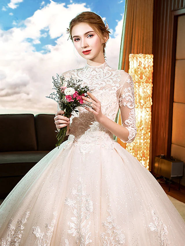Engagement Sparkle & Shine Open Back Formal Wedding Dresses Chapel Train Princess Long Sleeve High Neck Lace With Sequin Appliques