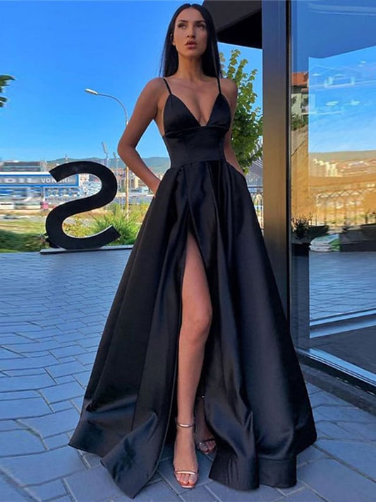 Black Prom Dress High Split Evening Dress Formal Birthday Summer Dress Spaghetti Strap Sleeveless Satin with Pleats Split Front