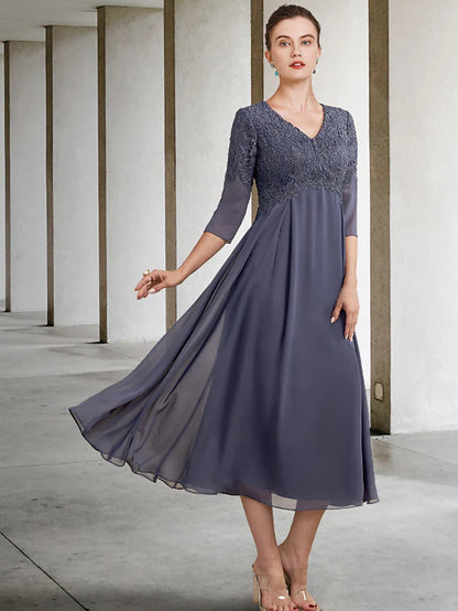 A-Line Mother of the Bride Dress Plus Size Elegant V Neck Tea Length Chiffon Lace  Length Sleeve with Ruffles Appliques