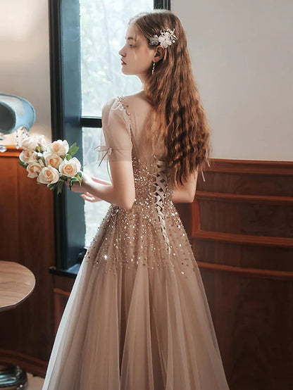 Prom Dresses Sparkle Dress Engagement Floor Length Sleeveless High Neck Tulle with Bow(s) Beading Sequin