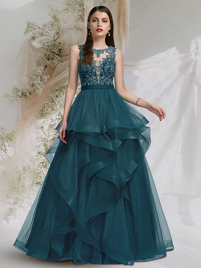 Cut Out Sexy Prom Formal Evening Dress Jewel Neck Sleeveless Floor Length Tulle with Lace Insert